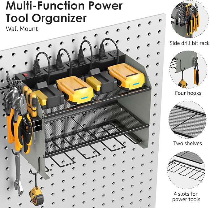 CCCEI Modular Power Tool Organizer Wall Mount with Charging Station. Garage Drill Storage Shelf with Hooks, Heavy Duty Rack, Tool Battery Holder Built in 8 Outlet. Gift for Men. Grey, 2 Pack.