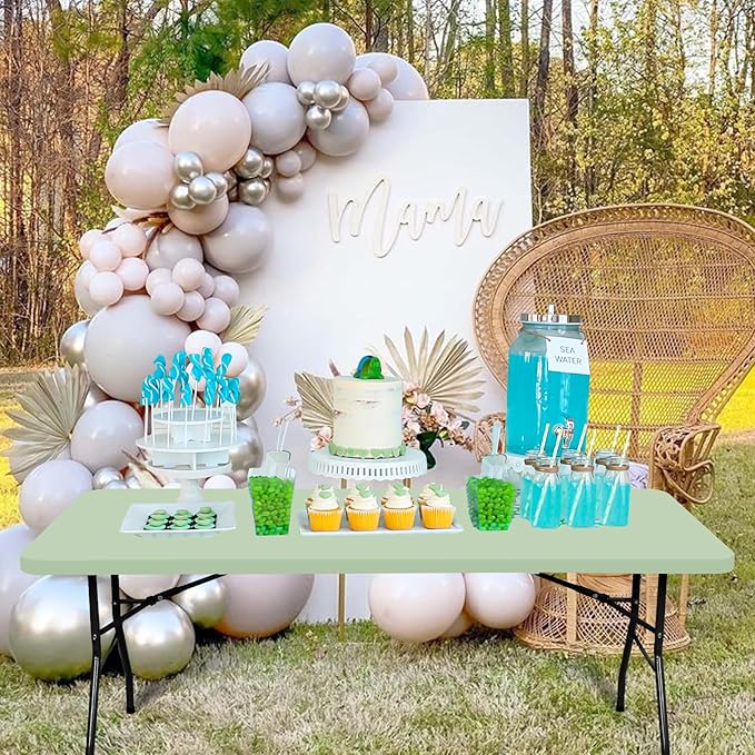 6 Pack Stretch Fabric Table Top Cap Cover, fits 6' Tables, Spandex Table Covers Washable Elastic Rectangle Tablecloth Protector for Indoor Outdoor Party Picnic Wedding, Sage Green, 30" W x 72" L