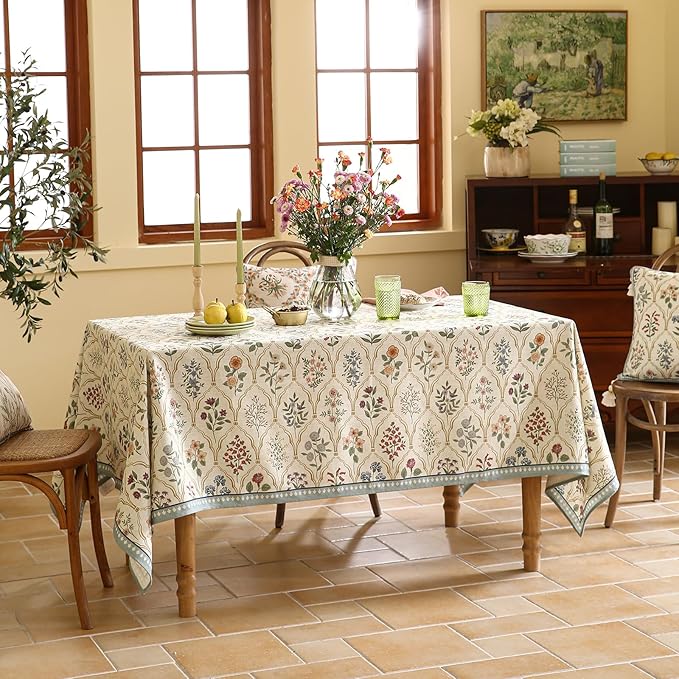ISAENNE Designer Linen Long Tablecloth Rectangle,Western Colorful Floral Indoor Table Cloth,Wrinkle Resistant Decor Tablecloths for Dining Thanksgiving Kitchen Christmas,63"*102"-Serenity B