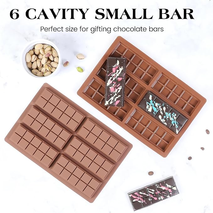 2 Pcs Chocolate Bar Mold Deep Dubai Stuffed Silicone Molds for Filling Knafeh Pistachio Chocolate Bar and Wax Melts Rectangle Thick Candy Bar Molds Break Apart (10 Snap)