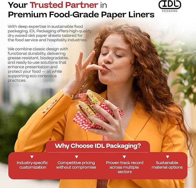 Red Checkered Deli Paper Sheets, 12" x 12" (50 pcs.) - USA-Made Premium Food Basket Liners - PFAS-free Grease Resistant Deli Paper Sheets for Food, Snack & Baking Wrap, Picnic & Party by IDL Packaging