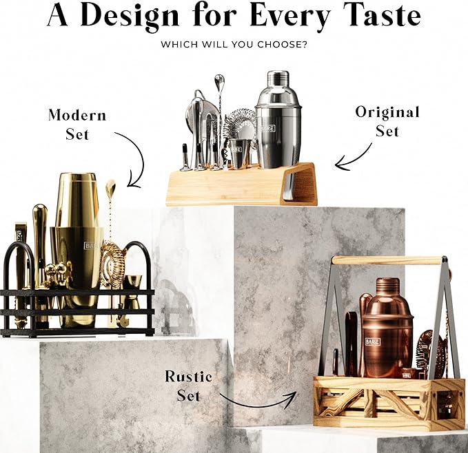BARE BARREL® Mixology Bartender Kit Bar Set | 14-Piece Cocktail Shaker Set | Martini Barware Mixing Tools for Home Bartending | Incl. 35 Recipe Cards | Gift Set (24oz Cobbler Shaker, Gold/Black)