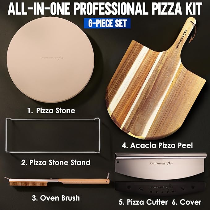 KitchenStar 16-inch Pizza Making Set, 6 PCS - Pizza Stone + Stainless Steel Rack, Acacia Wood Pizza Peel, Pizza Cutter Rocker + Protective Cover, Metal Brush - Oven & Grill Accessories Kit