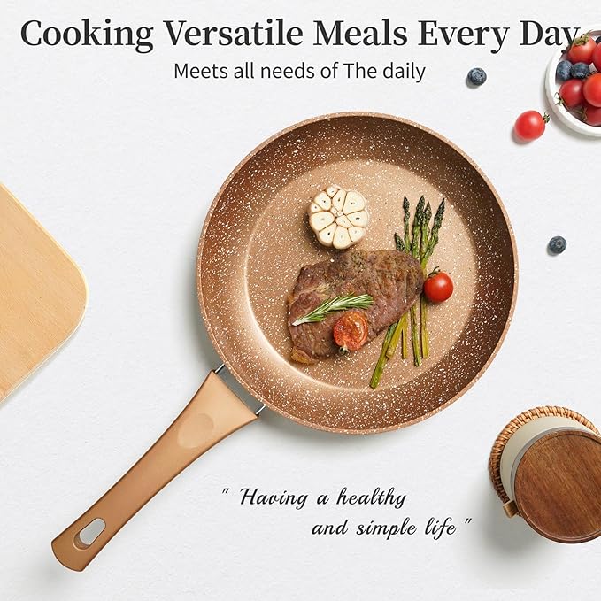 Innwewell Non Stick Frying Pan - Granite Stone Non Stick Skillet Frying Pans, Safe&No Toxic Egg Omelette Frying Pan, Nonstick Cookware Cooking Pan, Induction Compatible, PFOA Free(9.5inch, Gold)
