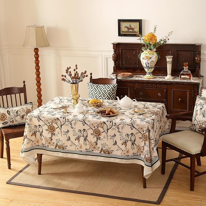 ISAENNE Designer Vintage Linen Small Table Cloth for Rectangle Table,Floral and Bird Pattern Tablecloths,Fall Wrinkle Resistant Decor Tablecloth for Dining Kitchen Party,55"*71"-Murad A