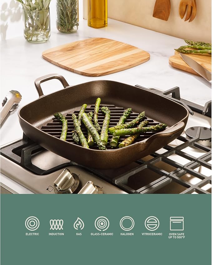 Bloomhouse Natural Bronze Finish 12-Inch Square Cast Iron Grill Pan – Olive Oil Treated Surface with Dual Handles & Olive Wood Trivet, Oven, Grill & Campfire Safe