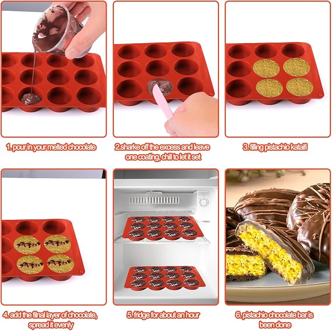 Mity rain Chocolate Bar Mold Deep, Silicone Dubai Chocolate Bar Pistachio Molds with Bags Scraper, Round Fix Chocolate Bar Dubai Candy Bar Mold for Filling Knafeh Pistachio Cream(2pc)