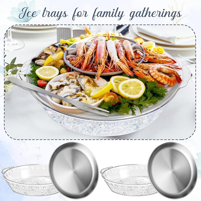 Baderke 4 Sets 11.8" Chilled Serving Tray for Parties Round Iced Platter with Ice Underneath Stainless Steel Clip Fruit Fork Shrimp Cocktail Serving Dish for Oysters Crawfish Fruits (Original)
