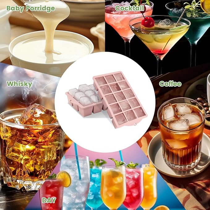 FANYITY Bpa Free Silicone Ice Cube Trays 4-Pack with Locks lids,Easy Release Ice Molds for Freezer,Perfect for Cocktails, Whiskey, Coffee