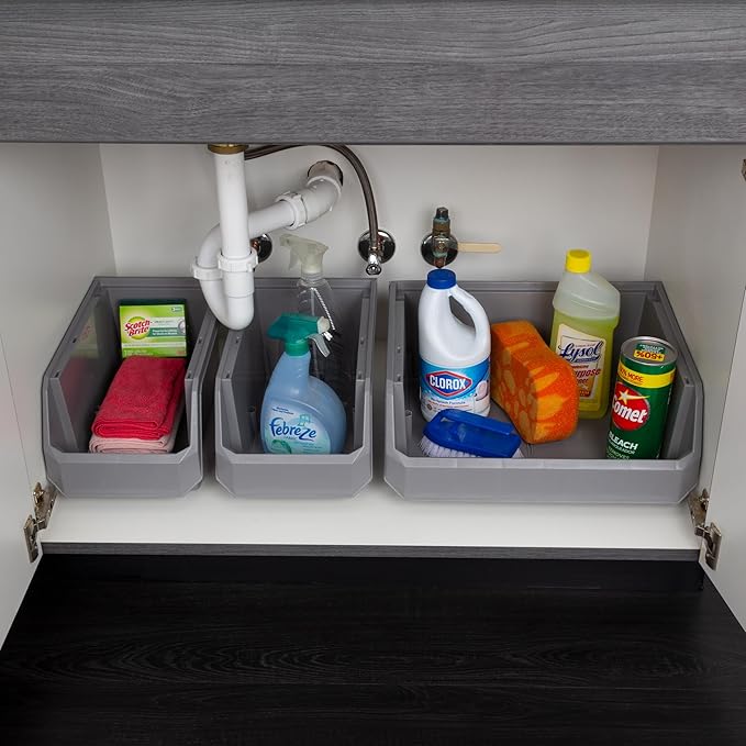 Plastic Containers for Organizing and Storage Bins for Closet, Kitchen, Office, Garage or Pantry Organization, Stackable Bins, Extra Large (14.8" x 16.5" x 7"), 4-Pack, Grey