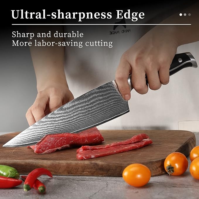 Damascus Knife Set with Block – 9-Piece VG10 67-Layer High Carbon Steel Kitchen Knives, Triple-Riveted Pakkawood Handles, Chef, Santoku, Utility, Bread & Paring Knives, Sharpener & Shears