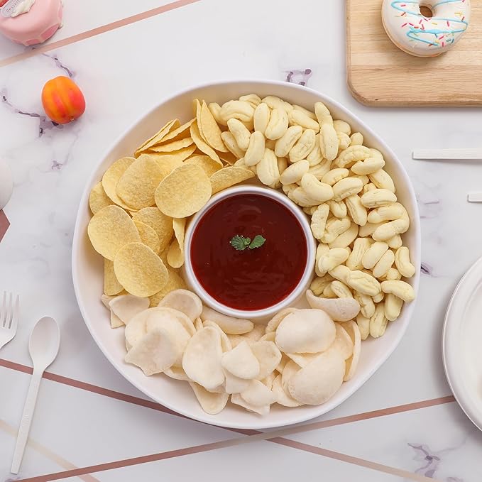 Chip & Dip Serving Set, 2 PCS Divided Cheeses Serving Platter, Relish Tray, Round Compartment Appetizer Set for Chips and Dip, Veggies, Candy and Snacks, Black, Set of 2