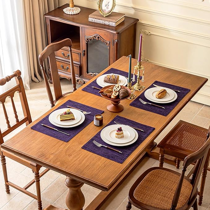 KXN Placemats Set of 6, Dual-Layer Thickened Faux Linen Table Mats, Heat Resistant & Wrinkle-Free, Machine Washable Cloth Place Mats for Kitchen Dining Indoor Outdoor (Purple)