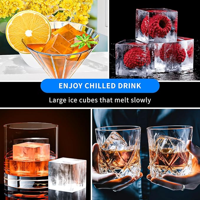 Large Ice Cube Tray for Whiskey 3 Pack, HANCELANT Big Silicone Square Ice Cube Mold with Removable Lid, 2'' Huge Square Ice Cubed Tray for Whisky and Cocktail(Blue+Green+Pink)