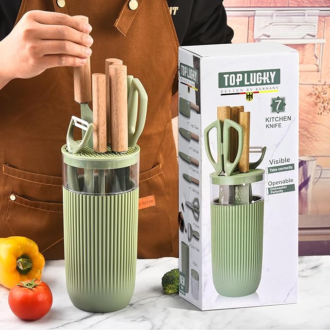 Knife Set, 7-Piece Kitchen Knife Set with Sharp Chef and Meat Knives, Anti-Rust Utility Knives Set for Kitchen, Kitchen Knife Block Set (Green)