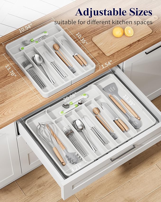 Kitsure Cutlery Drawer Organiser for Kitchen - Adjustable Cutlery Tray for Effortless Utensil Sorting, Versatile Kitchen Storage & Organisation Solution, 13.70" x 1.54" x 10.94"~20.08", White