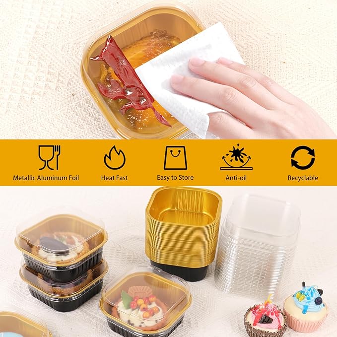 FORBFAN 150 Pack 10 oz Mini Square Cake Pans with Lids, Aluminium Foil Square Brownie Baking Cups, Disposable Ramekins Oven Safe