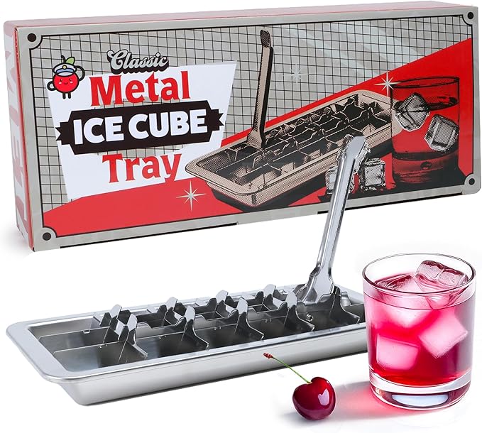 Stainless Steel Ice Cube Tray with lever (11", 18 cubes), Classic Metal Ice Cube Trays for Freezer, Vintage & Retro, Non Toxic, Plastic Free, Dishwasher safe