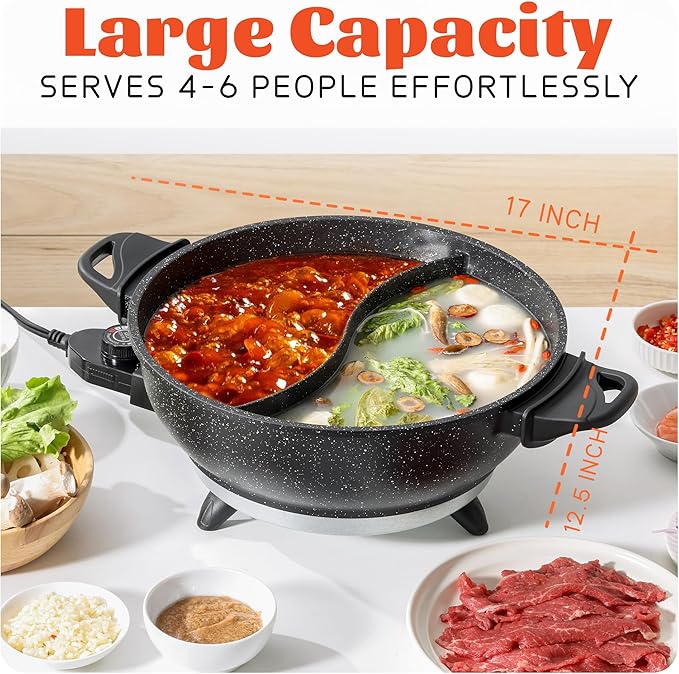 TWIN™ Electric Hot Pot with Divider | EvenHeat Cast Aluminum Non-Stick Pot for No-Spot Cooking | 1500W Fast Heating | 4.5QT Dual-Flavor Shabu Shabu Pot for Family Use | 1-Yr Warranty