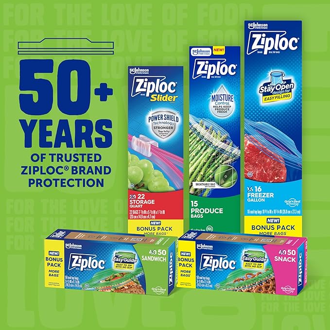 Ziploc XL Sandwich and Snack Bags with EasyGuide Texture, Plastic Storage Bags with Grip 'n Seal Technology, 30 Bags Total
