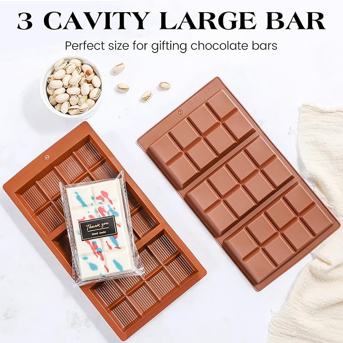 1 Pc Chocolate Bar Mold Deep Dubai 0.85 Inch Stuffed Large Chocolate Molds Silicone Break Apart Thick Silicone Molds for Candy Bar, With 100 Pcs Wrappers and 1 Pc Scrapers Set (8 Snap)