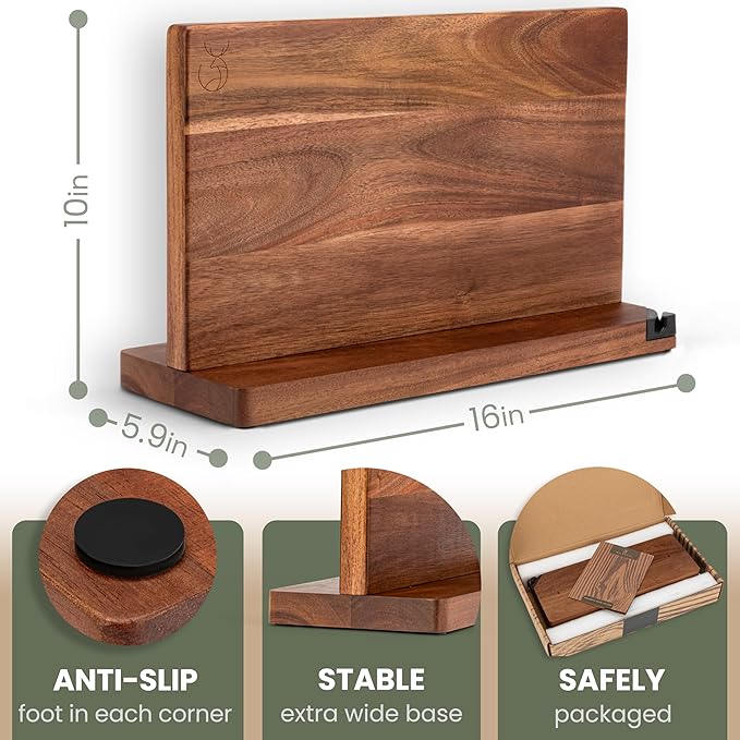 WALDWERK Extra Large Magnetic Knife Holder (16β) - Acacia Wood Knife Block Without Knives - Knife Holder - Magnetic Knife Block - Knife Storage - Knife Magnet Organizer for Countertop
