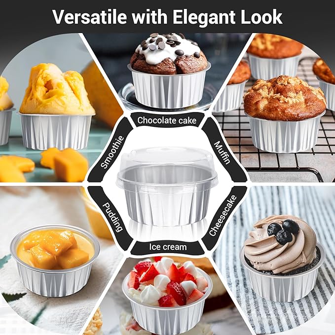 EUSOAR Disposable Creme Brulee Ramekins, Silver 25Packs 5oz Baking Cups with Lids Mini Muffin Liners, Dessert Cheesecake Pan Creme Brulee Cupcake Containers for Catering Gathering Club Wedding Party