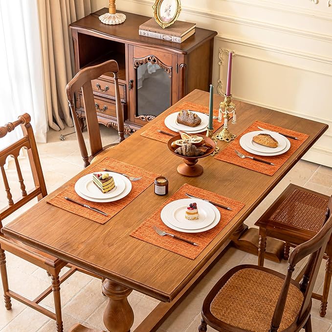 KXN Thanksgiving Placemats Set of 6, Dual-Layer Thickened Faux Linen Table Mats, Heat Resistant & Wrinkle-Free, Machine Washable Cloth Place Mats for Kitchen Dining Indoor Outdoor (Orange)