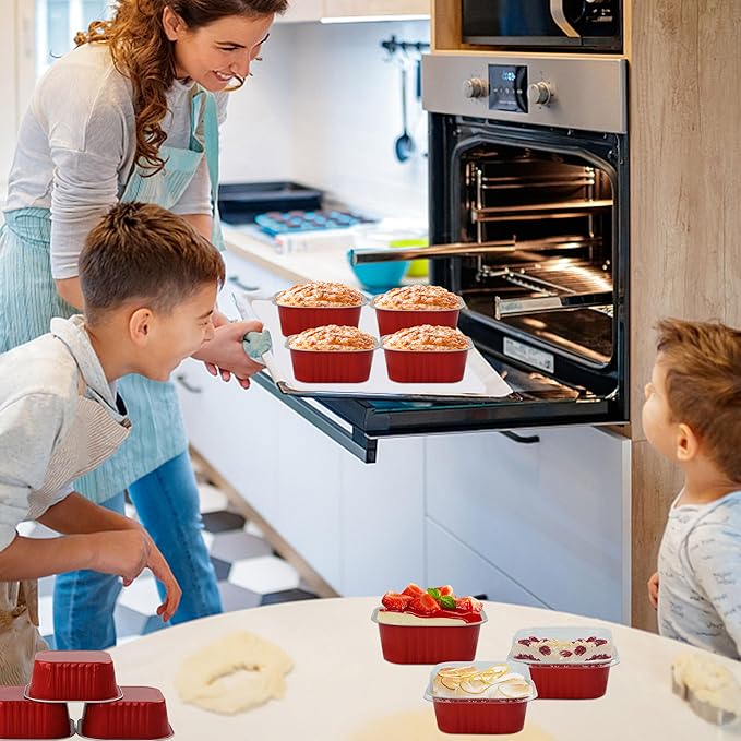 Baking Cups With Lids, BAKINGPAK 30PCS 10oz Square Mini Cake Pans With Lids Disposable Cupcake Containers Individual Cake Pans with Lids Mini Aluminum Pans with Lids for Children Party Birthday, Red
