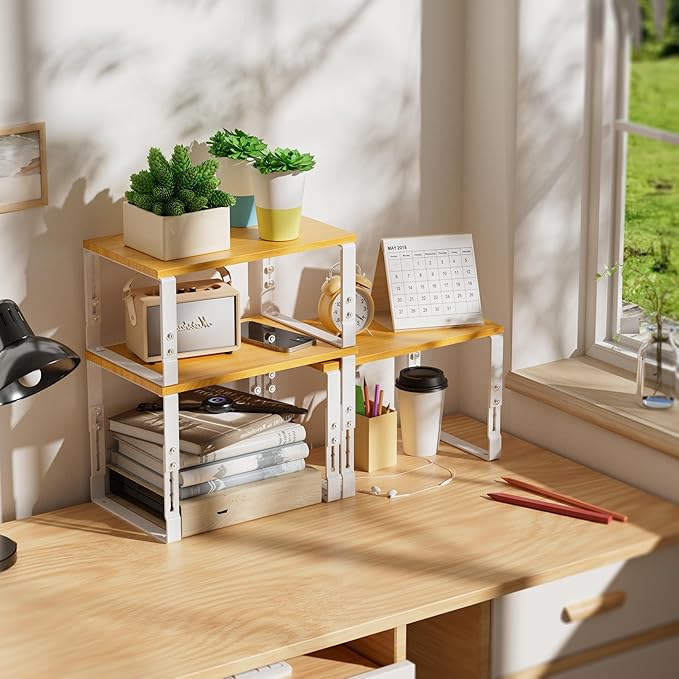 Kitchen Cabinet Organization Shelf,Set of 2 Height Adjustable Storage Racks,Stackable,Expandable,Countertop Shelves Organizer,Pantry Shelving