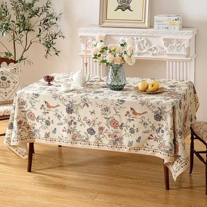 ISAENNE Designer French Light Beige Small Square Tablecloth,Linen Florals and Birds Pattern Table Cloth,Anti-Wrinkle Decorative Tablecloths for Dining Thanksgiving Kitchen,55"*55"-Cornucopia