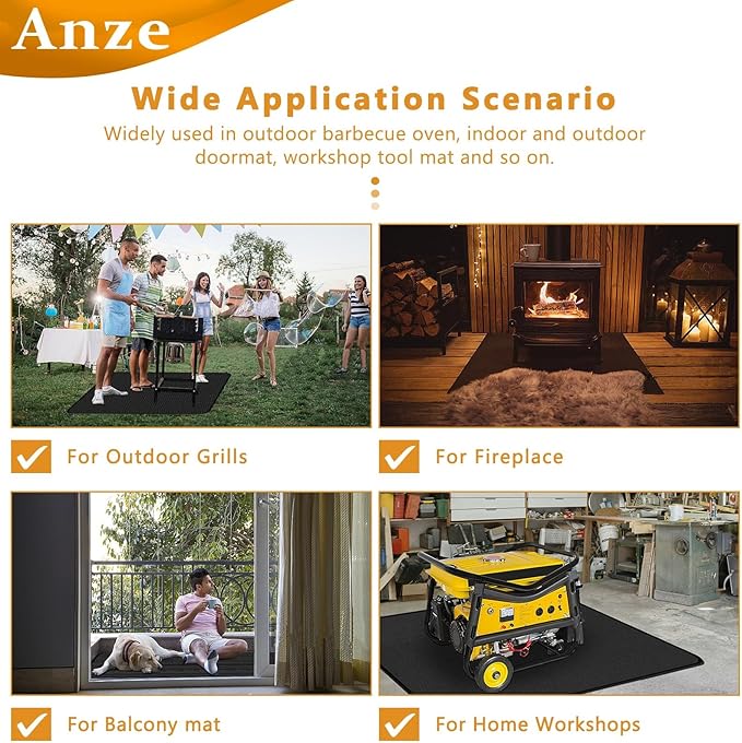 Anze Under Grill Mat for Outdoor Grill, 24 x 42 Inch Anti-Slip BBQ Floor Mats, Easy to Clean Reusable Double-Sided Fireproof Grill Pad, Oil-Proof Waterproof Protector for Indoor Fireplace Pit Mat