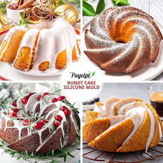 9.7 Inch Silicone Spiral Fluted Tube Cake Pan, 2 Pack Non Stick Silicone Baking Molds for Cake, Bread, Brownie, Jello