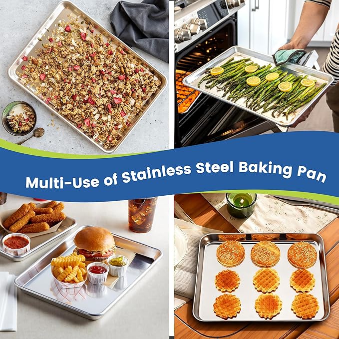 6 Pack Stainless Steel Baking Sheet Pans, 10.5" L × 8" W × 1" H Cookie Sheets for Toaster Oven, Rust-Resistant, Dishwasher Safe