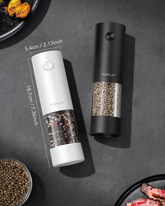 FORLIM Electric Salt and Pepper Grinder Set, USB Rechargeable, Automatic Salt Pepper Mill Grinder with Dust Cover, One-Button Control, Adjustable Coarseness, Warm LED Light (2 Packs, Black)