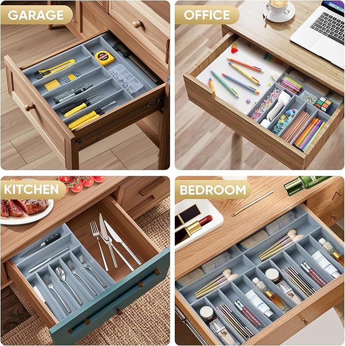 Silverware Organizer, 12.5 Inch Utensil Organizer Kitchen Drawer Organizer Bamboo Silverware Holder Cutlery Tray Organizer in Drawer Flatware Organizer Tray(7 slots, Gray)