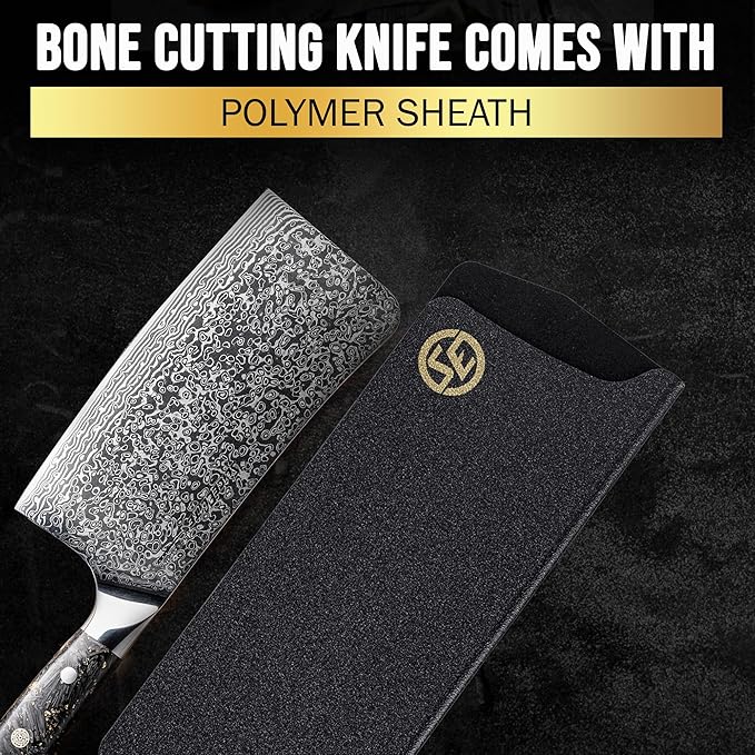 SliceElite Elite Series 7-Inch Damascus Bone Cutting Knife – VG10 Steel Blade with Forged Carbon Fiber Handle Infused with Gold Leaf, Sheaths Option (Bone Cutting Knife)