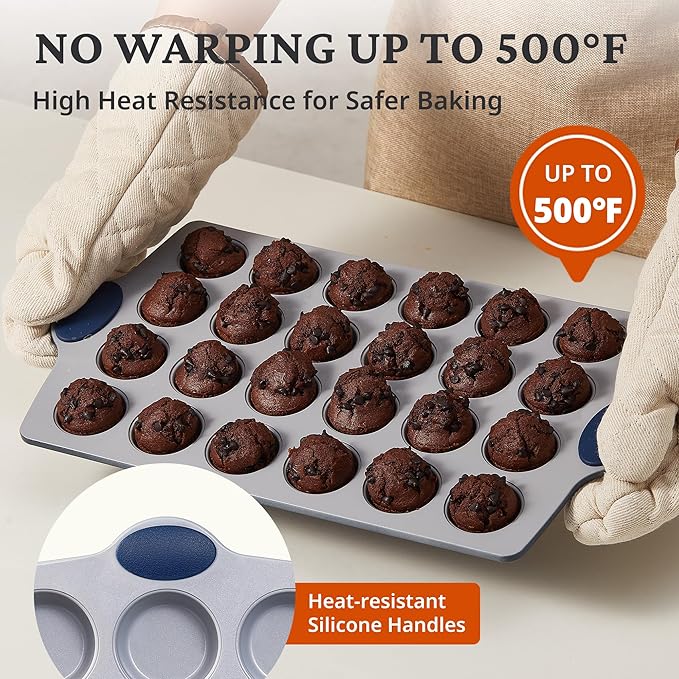 BRONYPRO Ceramic Muffin Pan, 12-Cup and 24-Cup Nonstick Aluminized Steel Mini Cupcake Pans, Healthy Non-Toxic Ceramic Coating Muffin Tin, 2 Pack Cup Cake Pans for Baking Blue