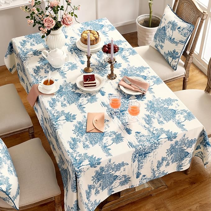 patdrea Designer Vintage Cyan Long Tablecloth for Rectangle Table,Linen Ancient Castle and Manor Pattern Tablecloths,Table Cover Decor for Kitchen Dining Christmas,Thanksgiving,63"x94"-Lucerne a