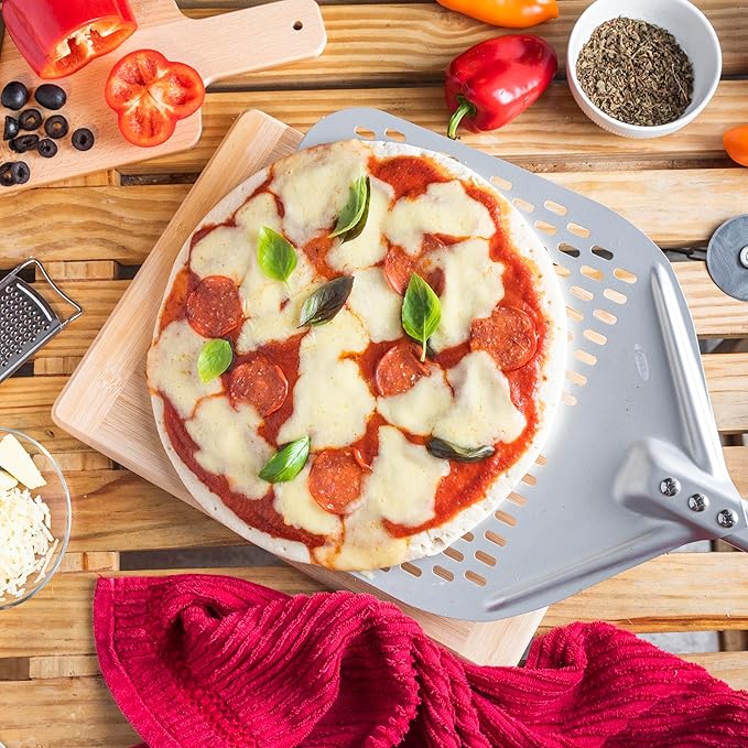 TKC 14ā Perforated Pizza Peel ā 31 Inch Long Handle Perforated Aluminium Pizza Paddle ā Lightweight Pizza Turning Peel ā Commercial Grade Pizza Spatula - Outdoor Pizza Oven Accessories - (Silver/Red)
