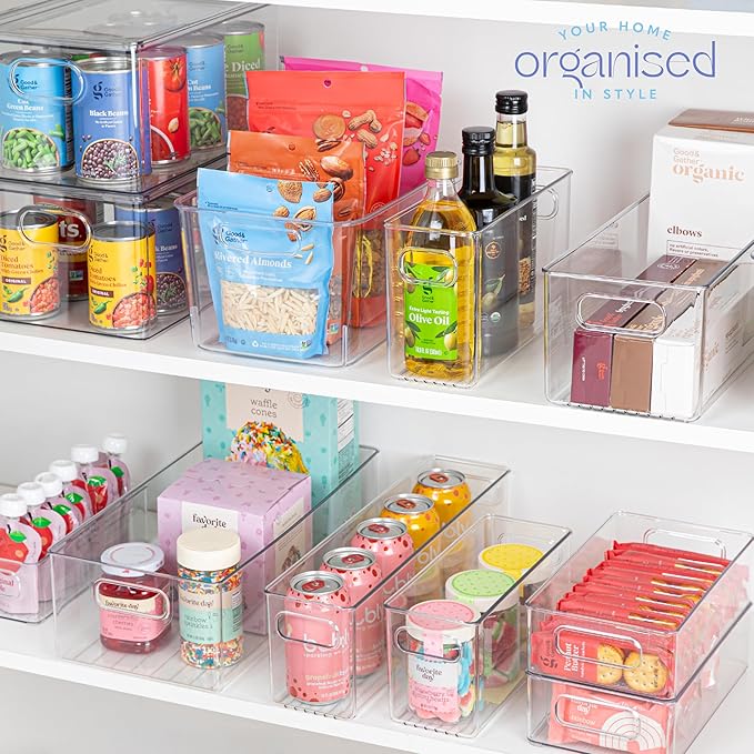 Plastic Food Storage 2 Pack Clear Container Bin with Handles for Organizing Kitchen, Pantry, Refrigerator, Freezer, Pantry, Cabinet, Closet, Bathroom. 14”x8”x5”