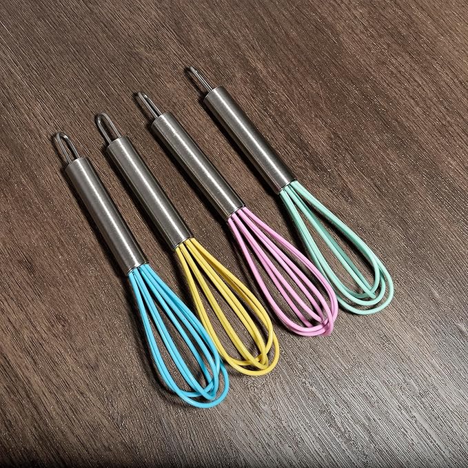 Mini Whisks 6 inch 4Pcs silica gel stainless steel Whisk, Hand Egg Mixer for Flour Cake Egg, Kitchen Cooking Baking Use Whisk (purple,yellow,cyan,blue)