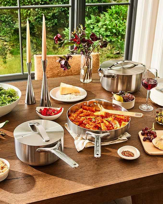 Caraway Stainless Steel Cookware Set – 12 Piece 5-Ply Stainless Steel Pots and Pans Set - Includes Fry, Sauce, Sauté Pan, Dutch Oven, and Space-Saving Storage - Non Toxic, PTFE & PFOA Free
