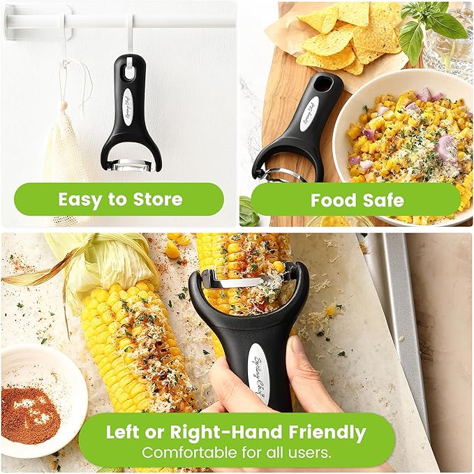 Spring Chef Stainless Steel Corn Peeler – Corn on the Cob Stripper Tool – Durable & Efficient Kernel Remover Tool – Easy to Use Kernel Cutter - Dishwasher Safe Kitchen Gadget - Black