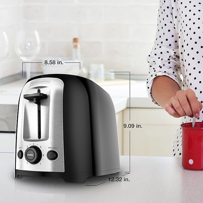 BLACK+DECKER 2-Slice Toaster, TR1278BD, Extra Wide Slots, 7 Shade Settings, 850 Watts, Frozen and Bagel Buttons