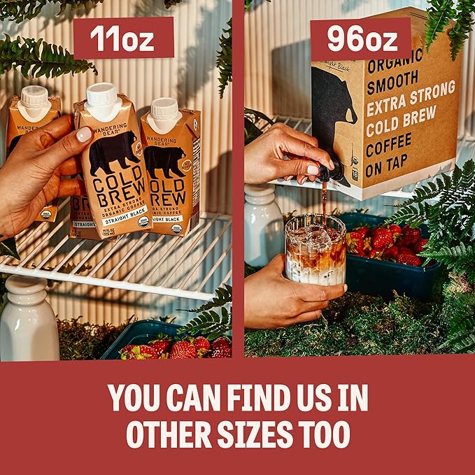 Wandering Bear Organic Mocha Cold Brew Coffee - Strong, Bold, Smooth, Unsweetened, Shelf-Stable, Ready to Drink, Gluten Free, & Vegan Iced Cold Brewed Coffee Drink - 32 fl oz, 6 pack