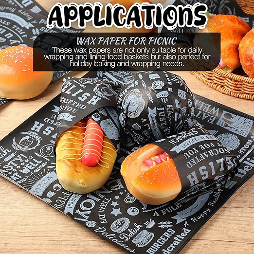 Outus 1000 Pcs 12 x 12 Inch Deli Wax Paper Sheets Grease Resistant Tray Basket Liners Newsprint Paper Water and Grease Proof Sandwich Wrapping Square Hot Dog Wrappers for Food Baking (Black)