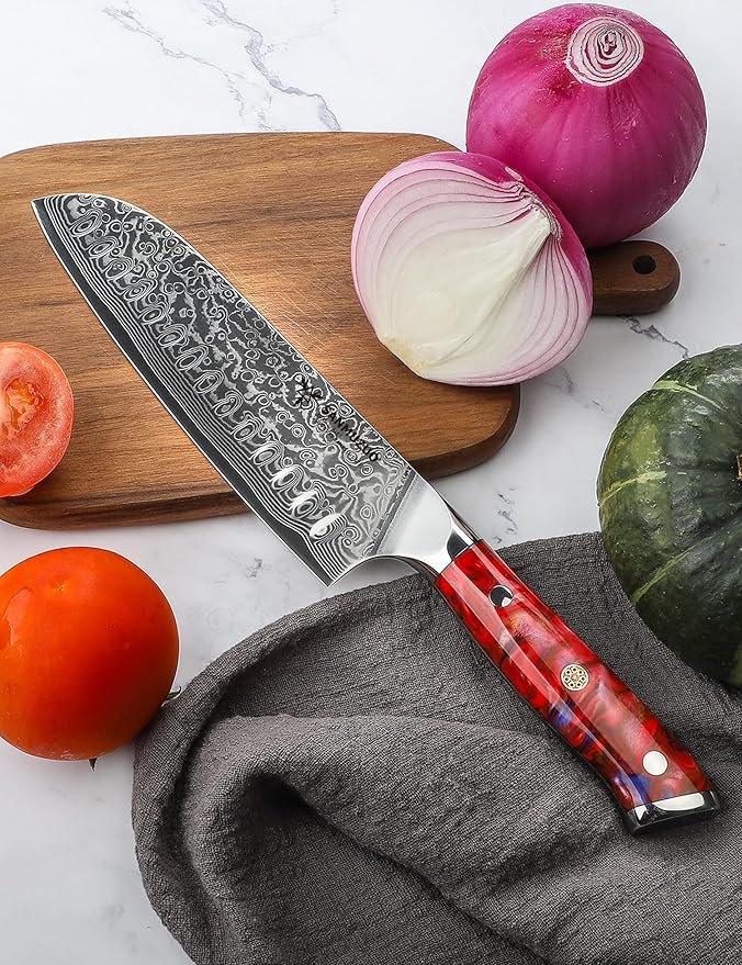 Santoku Knife - 7 inch - Xuan Series - VG10 Damascus Steel Kitchen Knife - Resin Handle (Sunset Red)