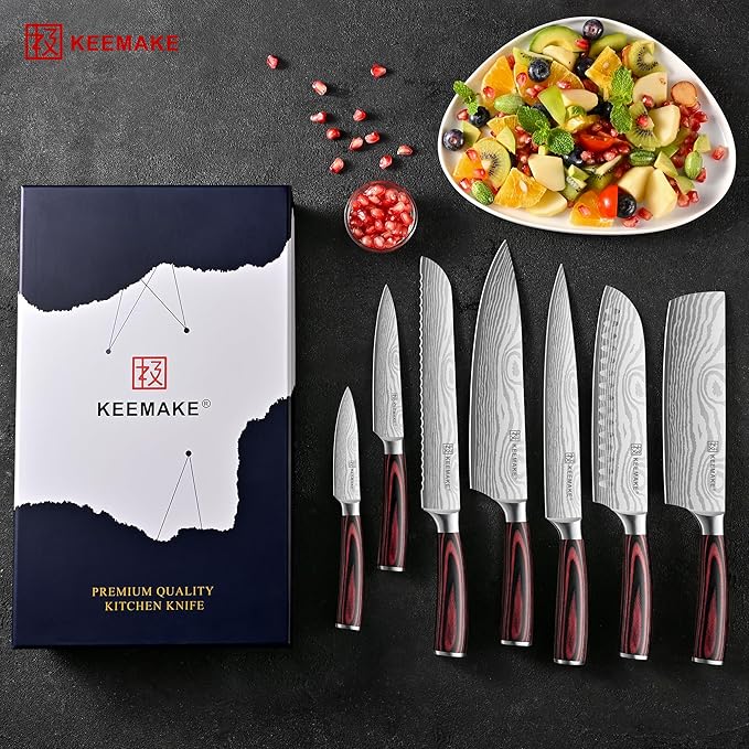 KEEMAKE Kitchen Knife Set, Ultra Sharp Chef Knife Set 7-Piece, High Carbon Stainless Steel Chefs Knife Set, Professional Knives Set for Kitchen with Pakkawood Handle and Gift Box