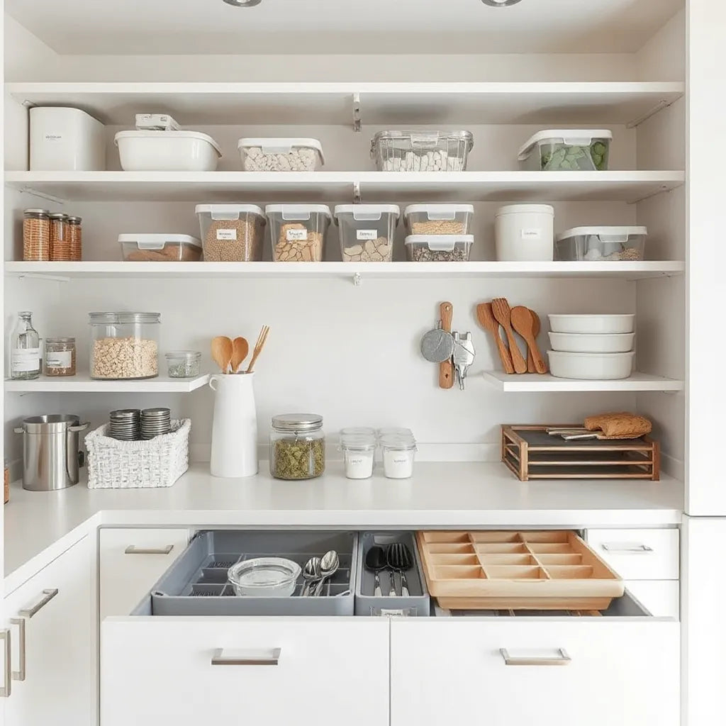 Organized kitchen pantry shelves with clear bins, drawer dividers, and stackable storage organizers